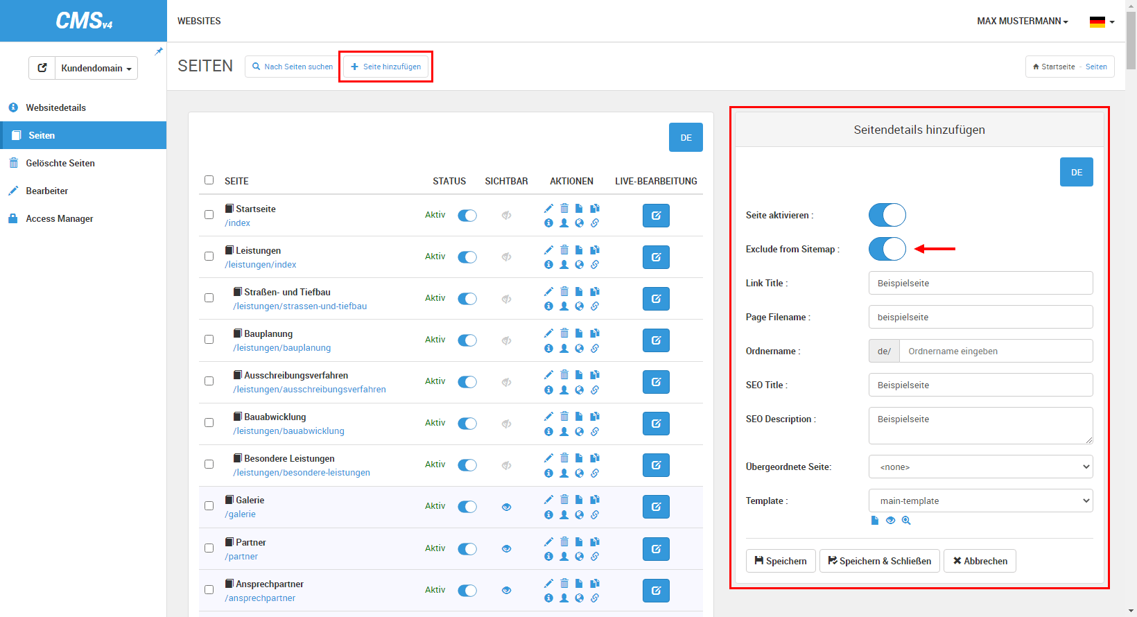Access Manager - Seiten anlegen